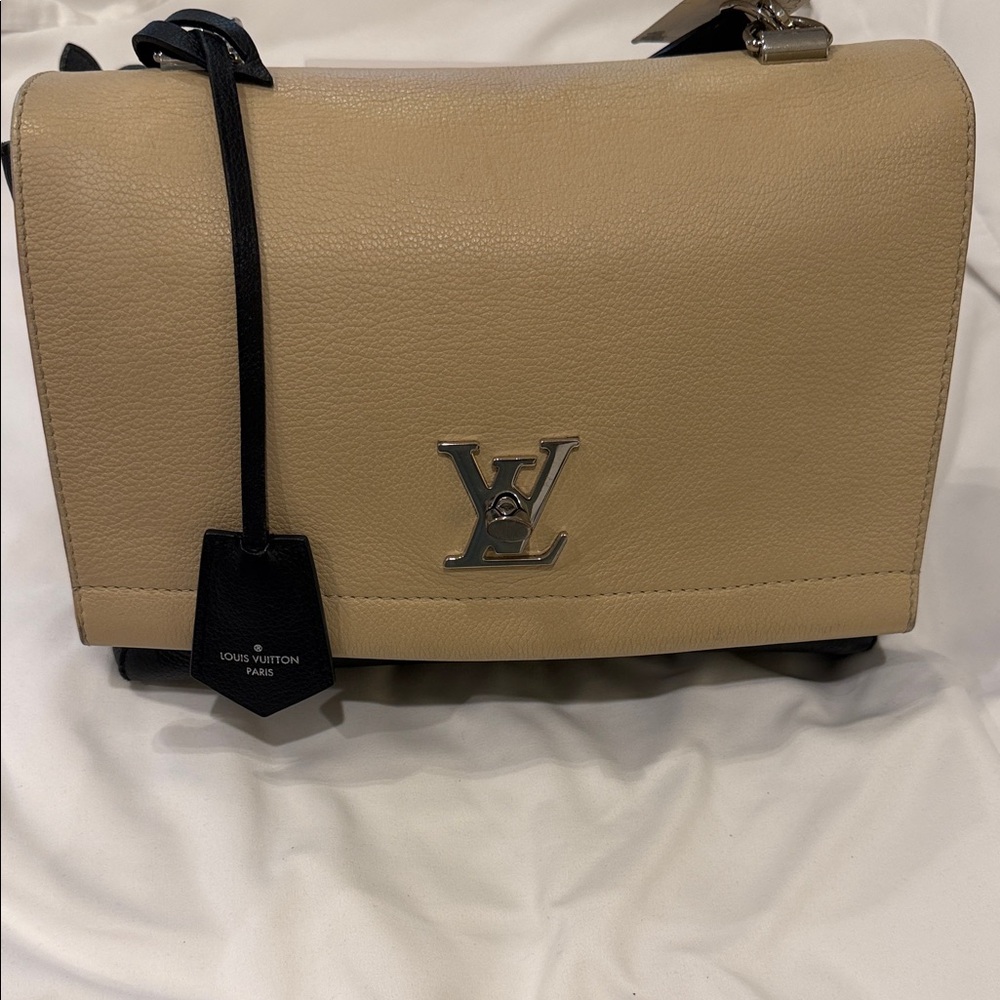 Louis Vuitton Beige and Black Leather Messenger Bag with Silver LV Hardware